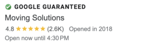 Google Guaranteed badge and Moving Solutions company profile with 4.8-star rating and customer count, indicating reliability and professional moving services.